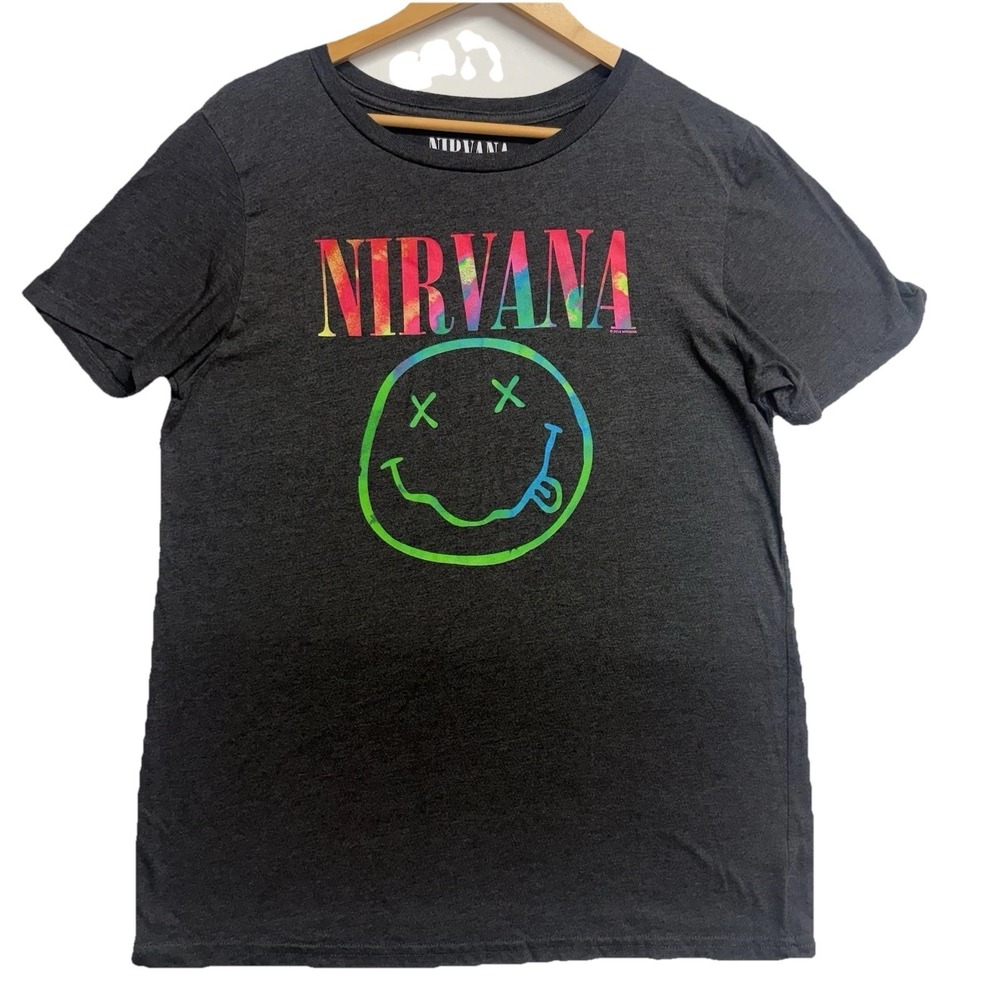 Nirvana Band T-Shirt XL Black Smiley Face Graphic‎ Tee Short Sleeve